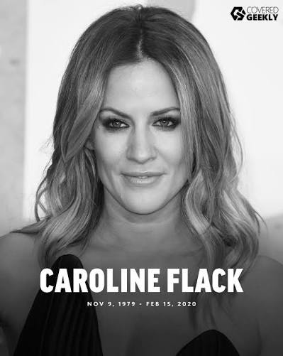 Black and white memorial portrait of Caroline Flack, 9 November 1979 to 15 February 2020