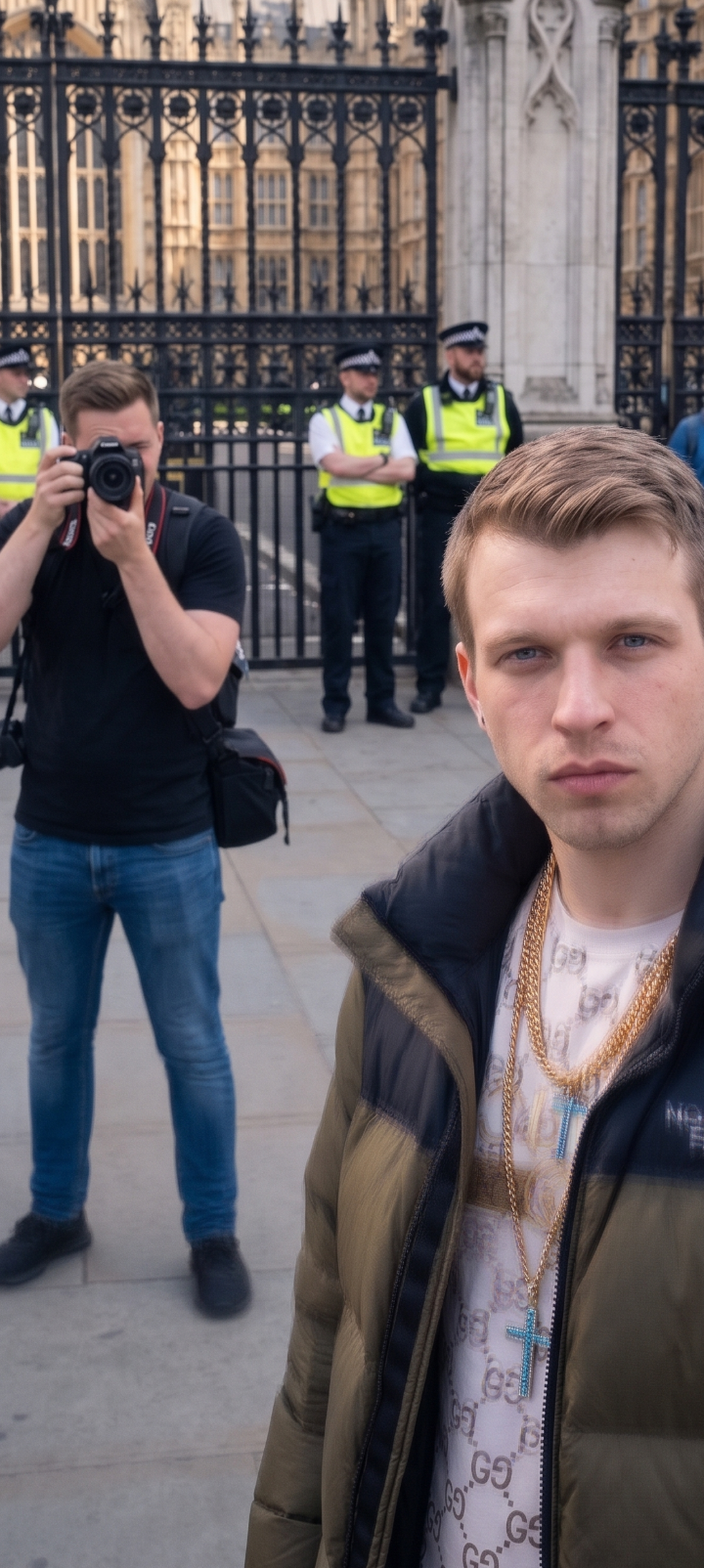 Travis Simpkins outside Parliament gates facing the media